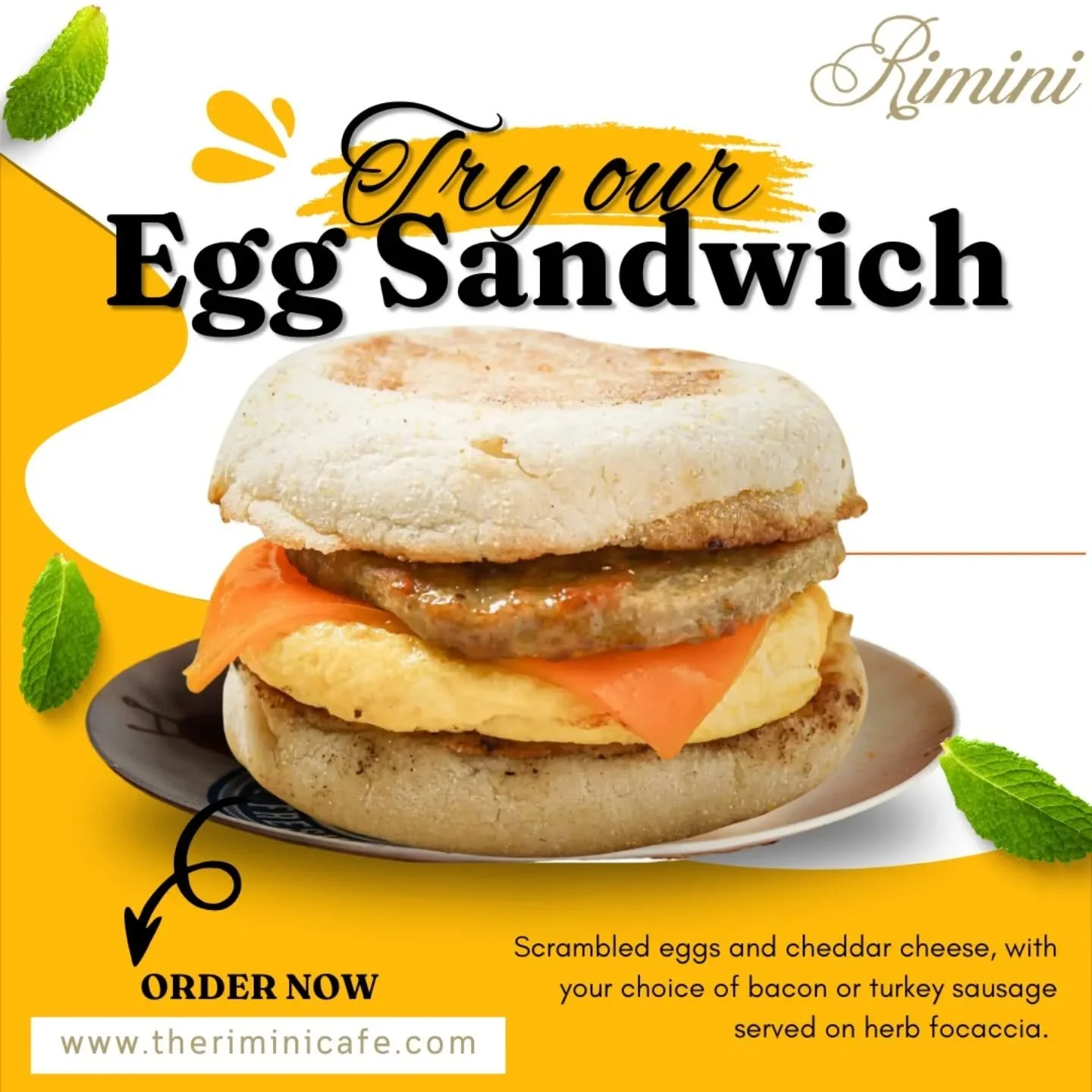 Start Your Morning Right! 🥪
Try our Egg Sandwich – fluffy scrambled eggs, melted cheddar, and your choice of crispy bacon 🥓 or turkey sausage, all served on fresh herb focaccia 🌿. The perfect breakfast to fuel your day! 
🔥 Order NOW and tas