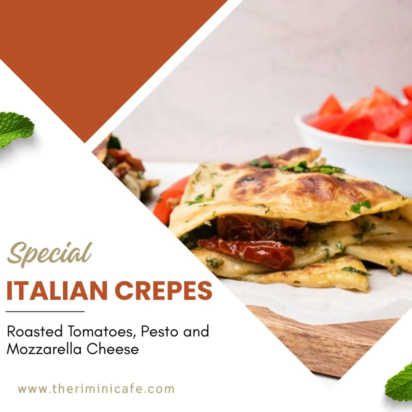 Italian Cr&ecirc;pes Done Right!
Thin, savory cr&ecirc;pes filled with roasted tomatoes 🍅, fresh pesto 🌿, and melted mozzarella 🧀&mdash;simple ingredients, unforgettable flavor 

Perfect for lunch, dinner, or anytime cravings hit 
🔥 Fresh &bull; 