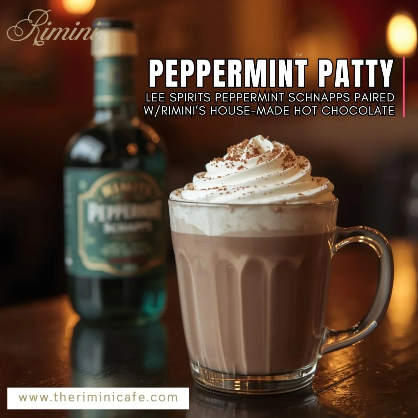 Cool mint meets rich chocolate in the ultimate cozy drink&hellip;
Introducing the Peppermint Patty&trade; &mdash; a deliciously smooth blend of Lee Spirits Peppermint Schnapps paired with Rimini&rsquo;s house-made hot chocolate. ☕
Every sip delivers 