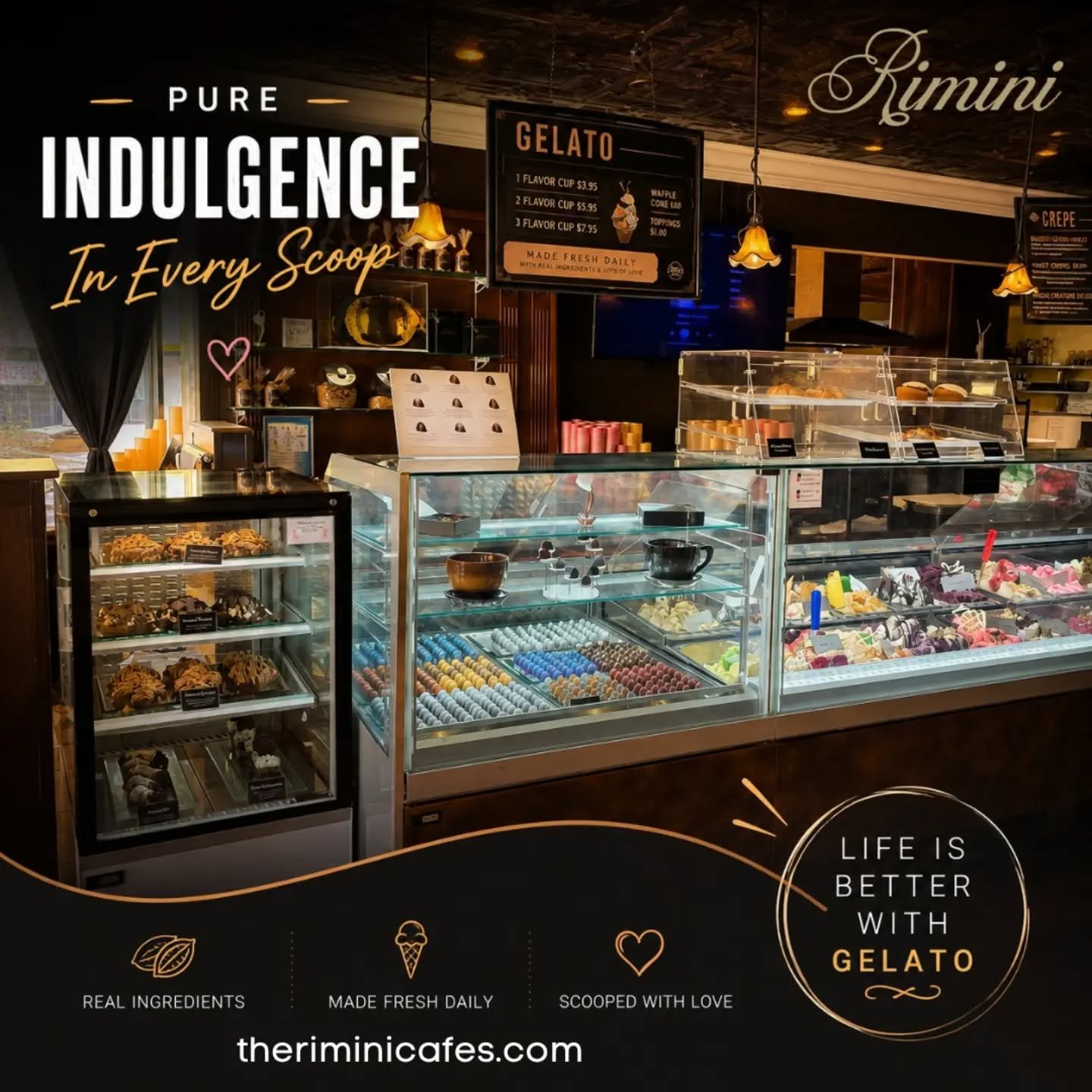 One Scoop is Never Enough!
Treat yourself to pure indulgence in every scoop at Therimini Caf&eacute;s! 😍 Made fresh daily with real ingredients and a whole lot of ❤️, our creamy gelato is the perfect way to brighten your day.

🍦 Gelato Prices
🤍 1 
