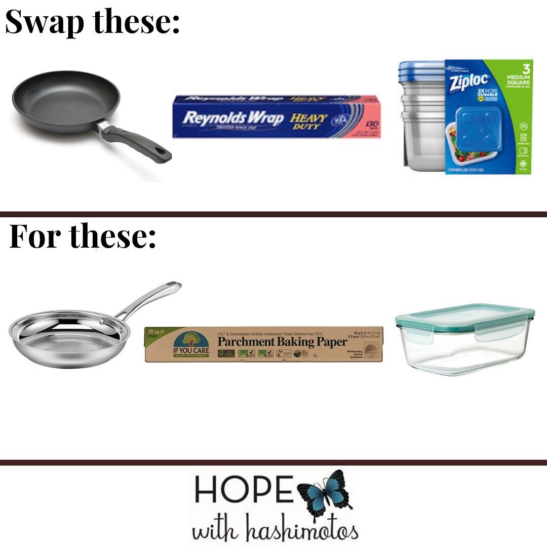 Safer Hashimotos Cooking swaps 🔁
.
Eating healthy is not just about the food we are choosing to eat, but also about how we choose to cook + store our food. 
.
1️⃣ Teflon pans are toxic and contain PFOAS&mdash; which have been linked to cancer + thyr