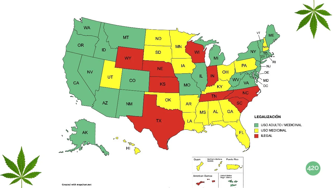    Mapa de la legalización del cannabis en Estados Unidos    al 31 de marzo de 2023.  