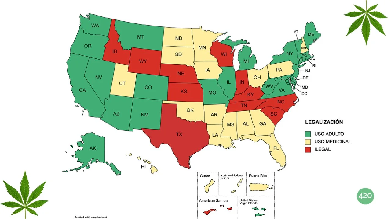  El mapa de la legalización en Estados Unidos y sus territorios al 8 de marzo de 2023.  