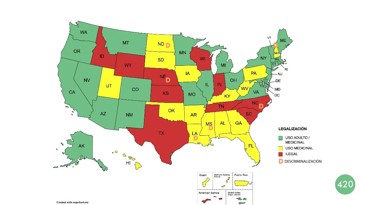Mapa de la legalización del cannabis en Estados Unidos al 8 de noviembre de 2023.