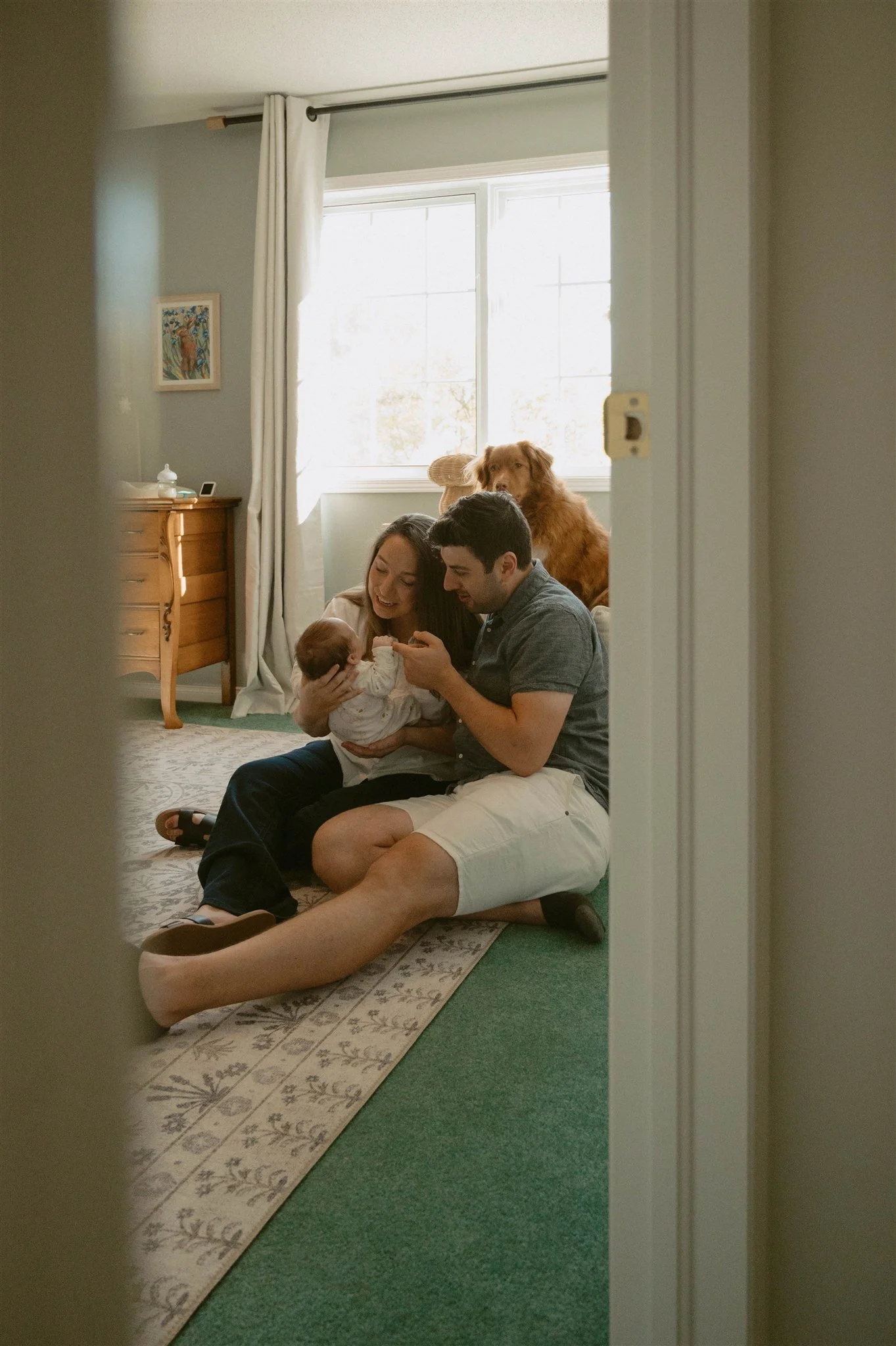 A family of four sitting on the floor in a living room, looking at a baby. A dog is sitting behind them near a window.