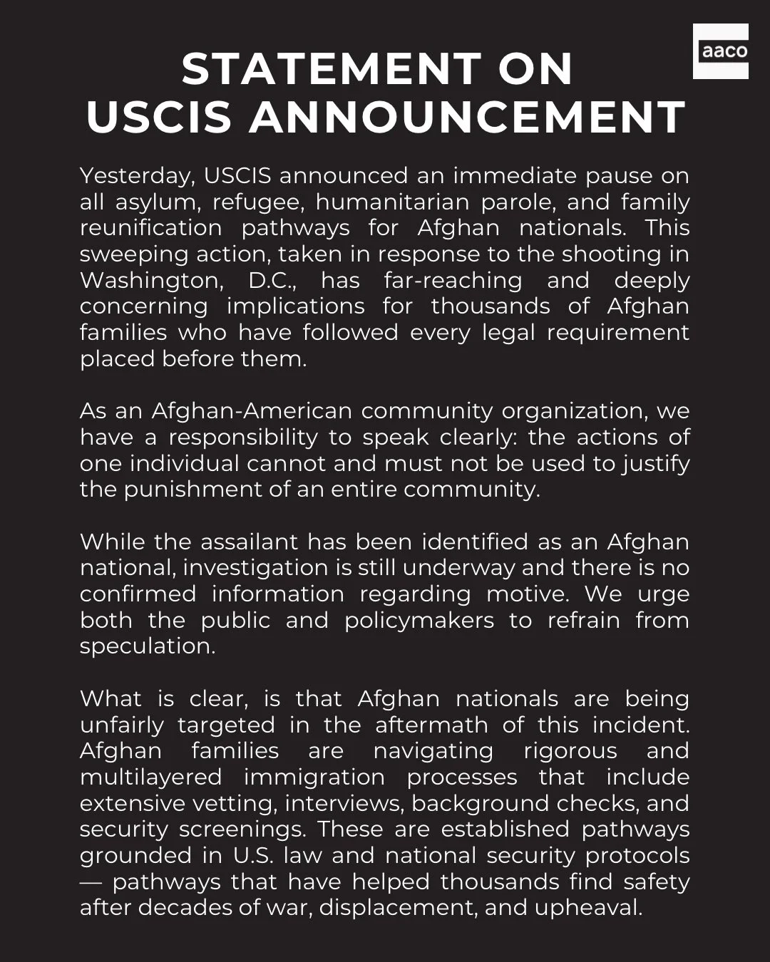 Afghan-American Community Organization (AACO) statement on US Citizens and Immigration Services (USCIS) halting immigration requests for Afghans.