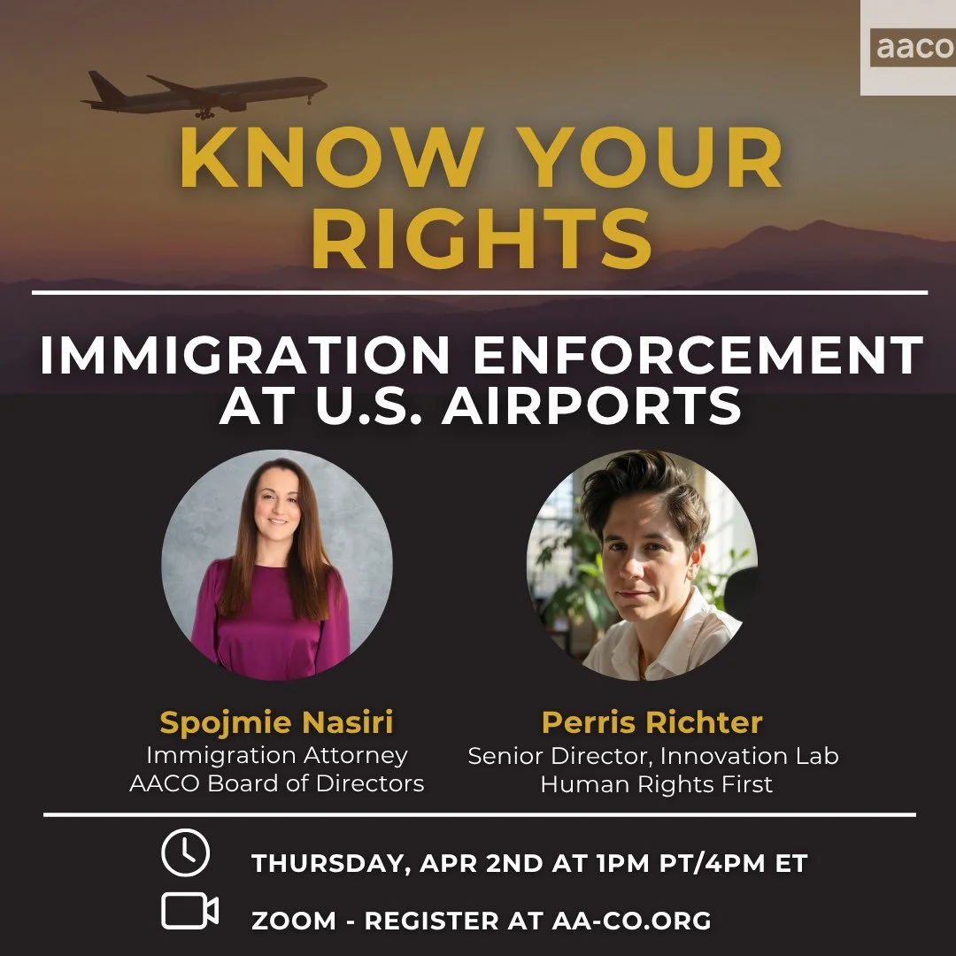 ⁠
✈️ Know your rights before you fly.⁠
⁠
With increased reports of immigration enforcement at U.S. airports, many travelers and families are unsure of what to expect &mdash; or how to prepare. AACO is hosting a free webinar to help community members 