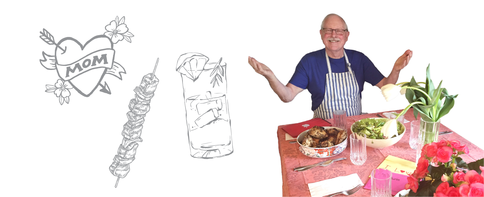 illustrations for food and sarah's dad with table of food