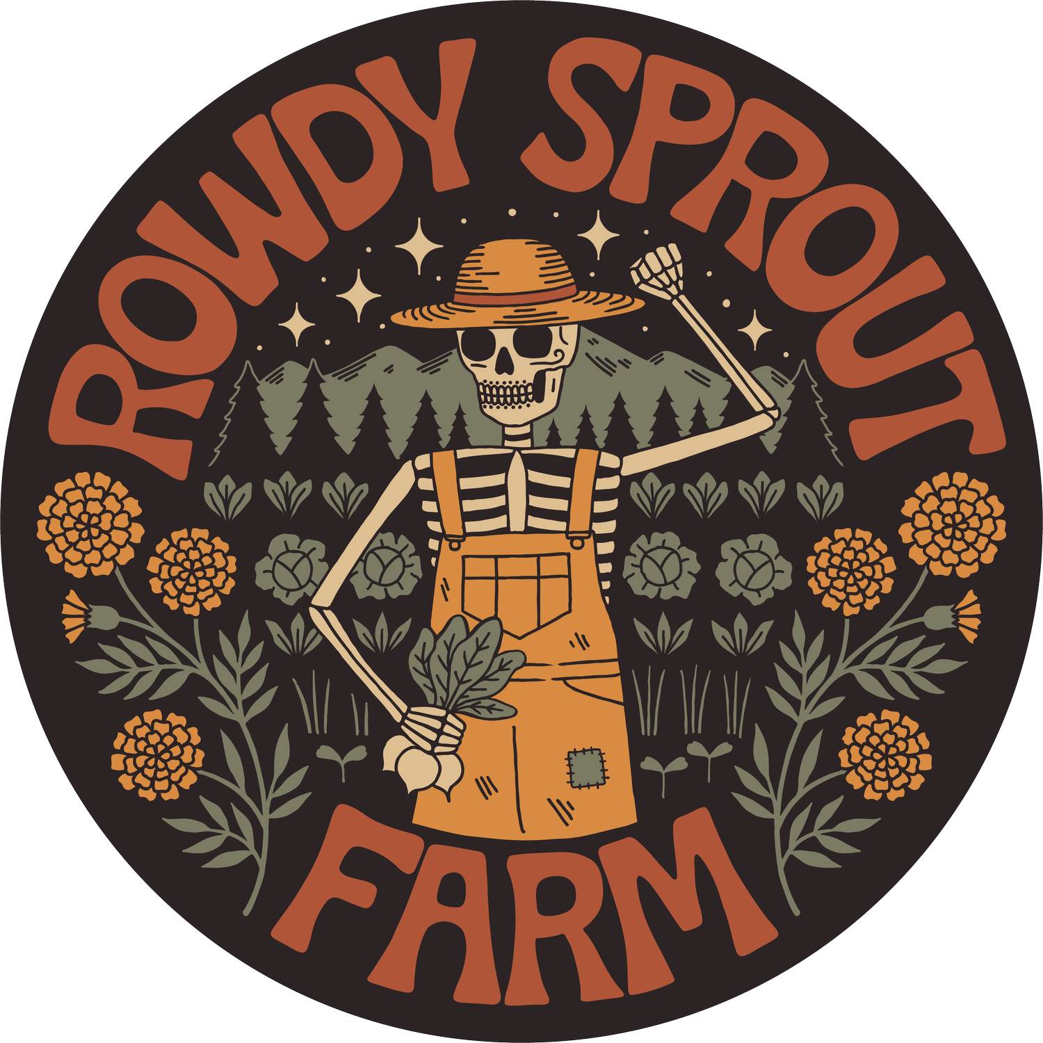rowdy sprout logo skeleton holding flowers