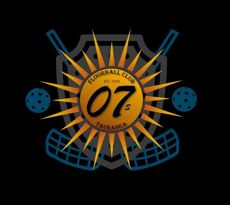 Logo for a floorball club in Tauranga, established in 2024, featuring a shield, two floorball sticks, two balls, a sunburst design, and the number 07.