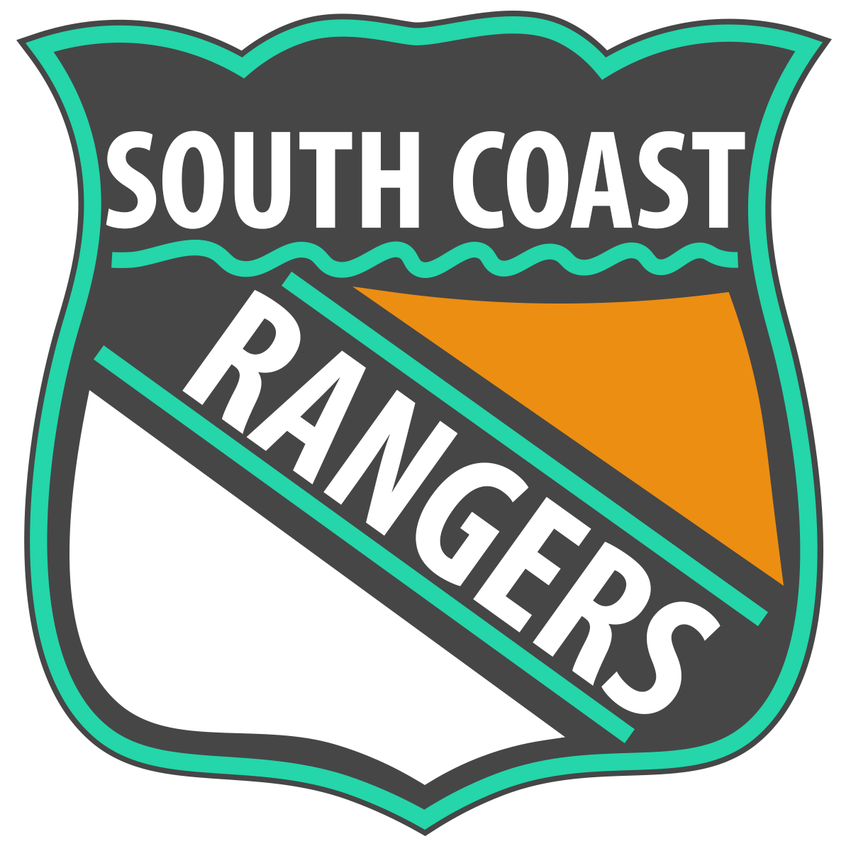 South Coast Rangers logo with a shield shape, featuring a black background, teal outline, and a divided section with orange and white colors, and text reading 'South Coast' and 'Rangers'.