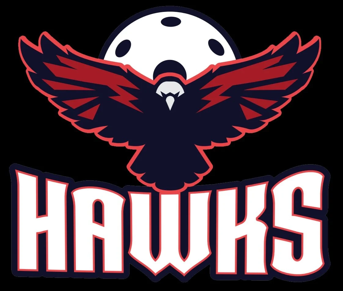 Logo of the Hawks featuring a black hawk with red accents in front of a white hockey puck, with the word 'HAWKS' in bold white and red letters.