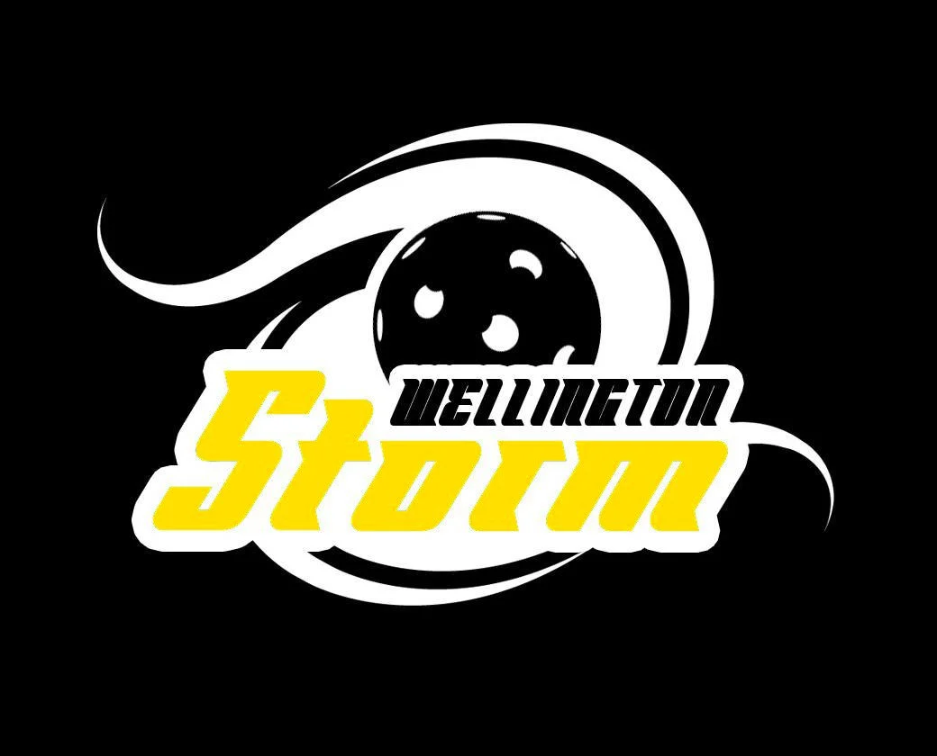 Logo of Wellington Strike with stylized bowling ball and swirling design in black and white, and bold yellow text.