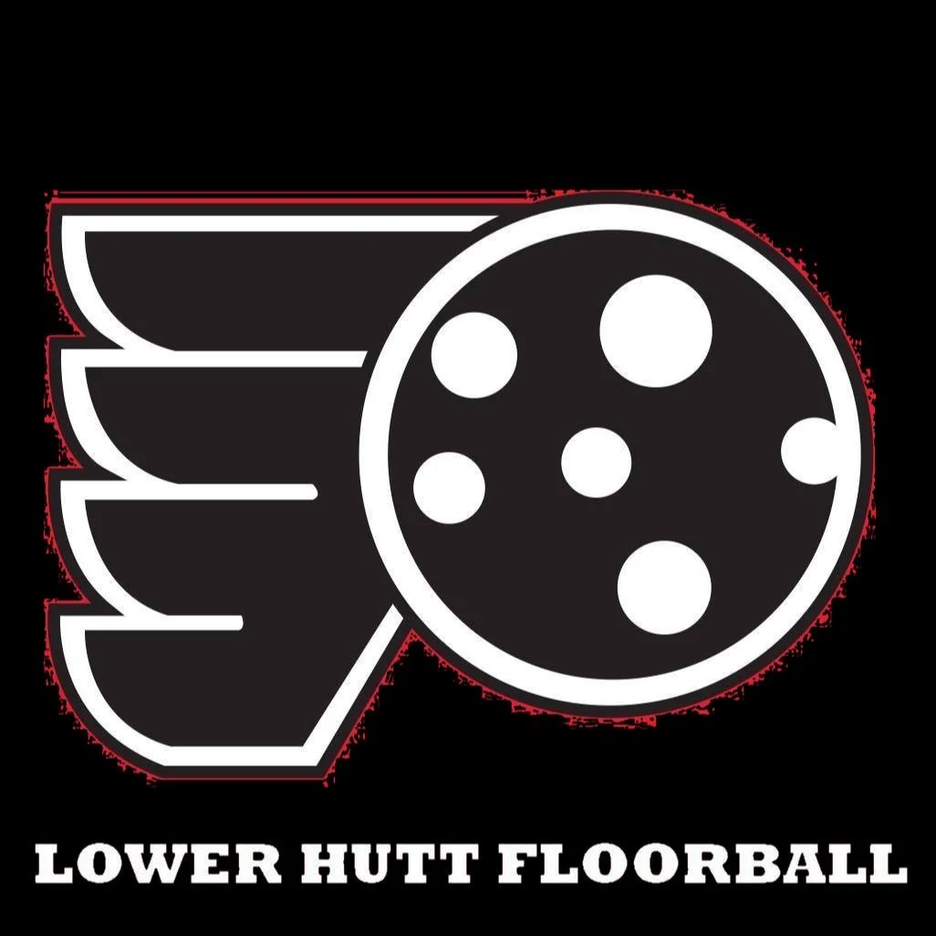 A stylized logo of a floorball with aerodynamic lines, representing the Lower Hutt Floorball team, in black and white.