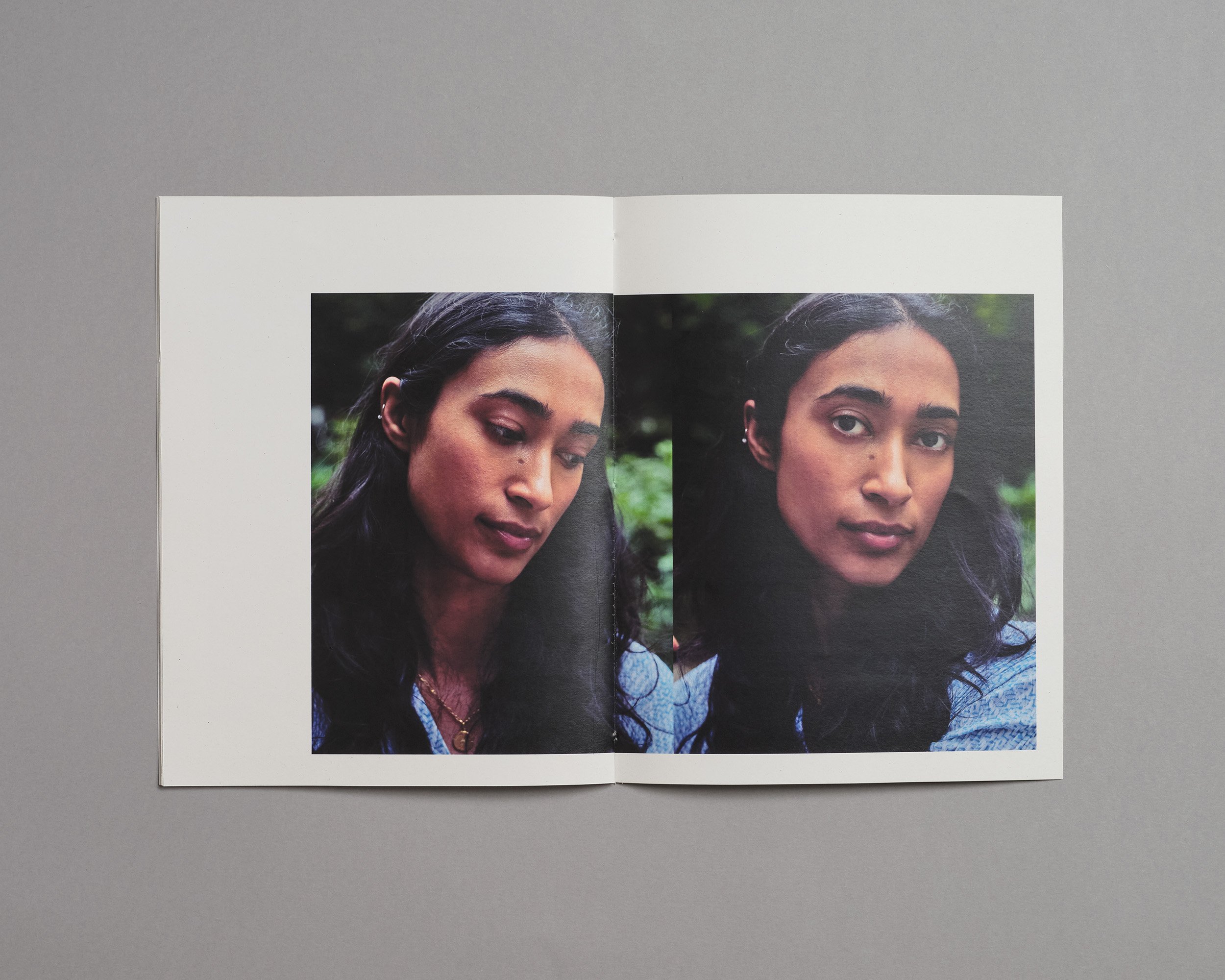 Photo zine hand made by artist photographer Maxwell Anderson, laser printed with Xerox on recycled paper, including portraits of model Swetha in London
