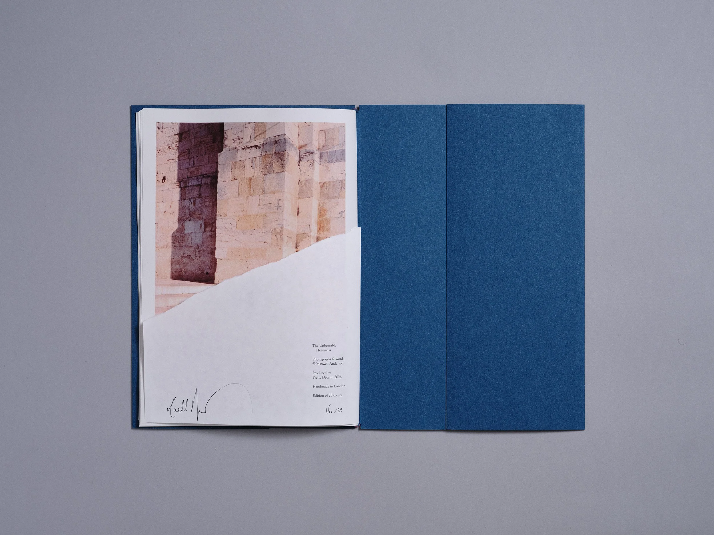 A hand made printed photobook zine of photographs and a poem, hand made by London based artist and photographer Maxwell Anderson
