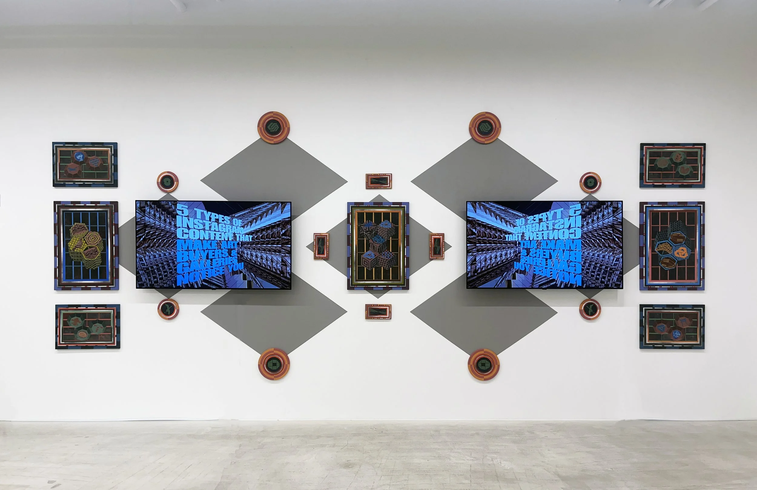 Liquid Purgatory Unit 229, Acrylic and Pen Drawing on Waste Materials, Double Channel Monitors, 660(w)cm x 270(h)cm x 4(d)cm, 2025
