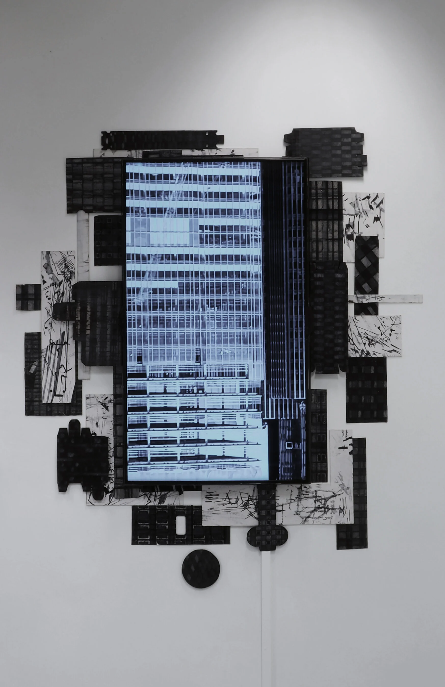 Urban Camouflage 01, 82(w)cm x 112(h)cm x 2(d)cm, Acrylic and Pen on Found Objects, Single Monitor, 2018