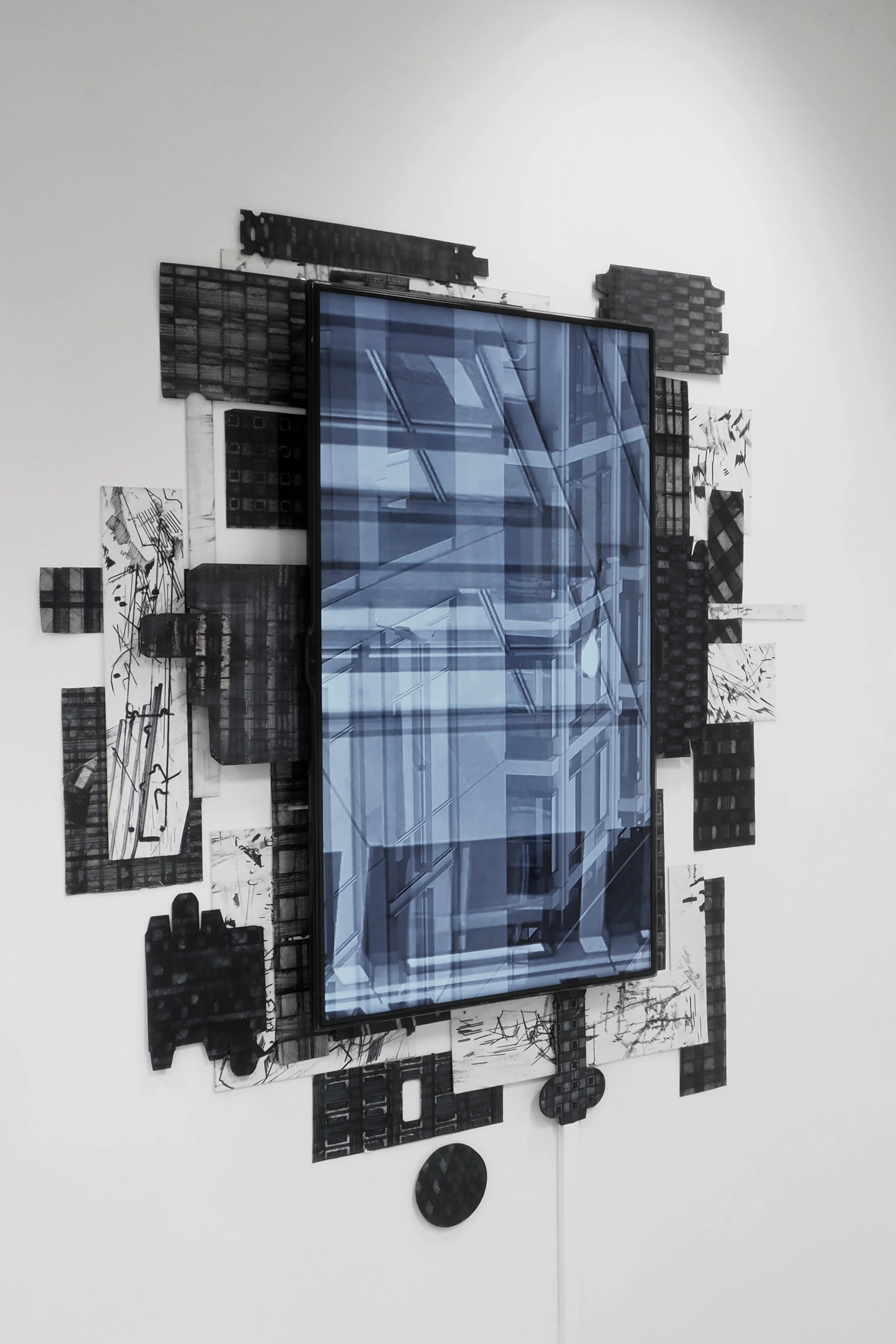 Urban Camouflage 01, 82(w)cm x 112(h)cm x 2(d)cm, Acrylic and Pen on Found Objects, Single Monitor, 2018