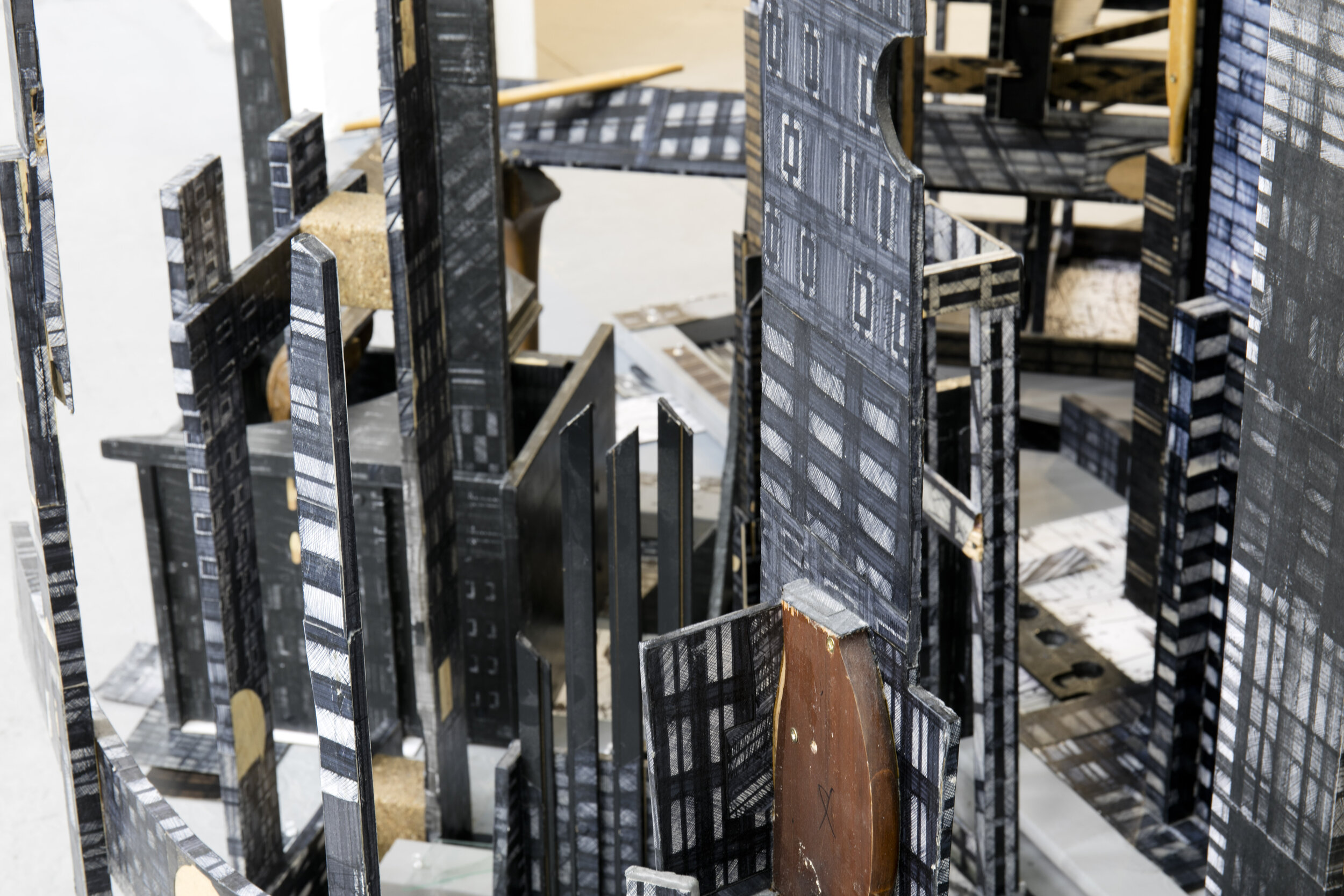 Urban Methodology 10062016, 278(w)cm x 306(h)cm x 231(d)cm, Pen on Waste Materials, 2016