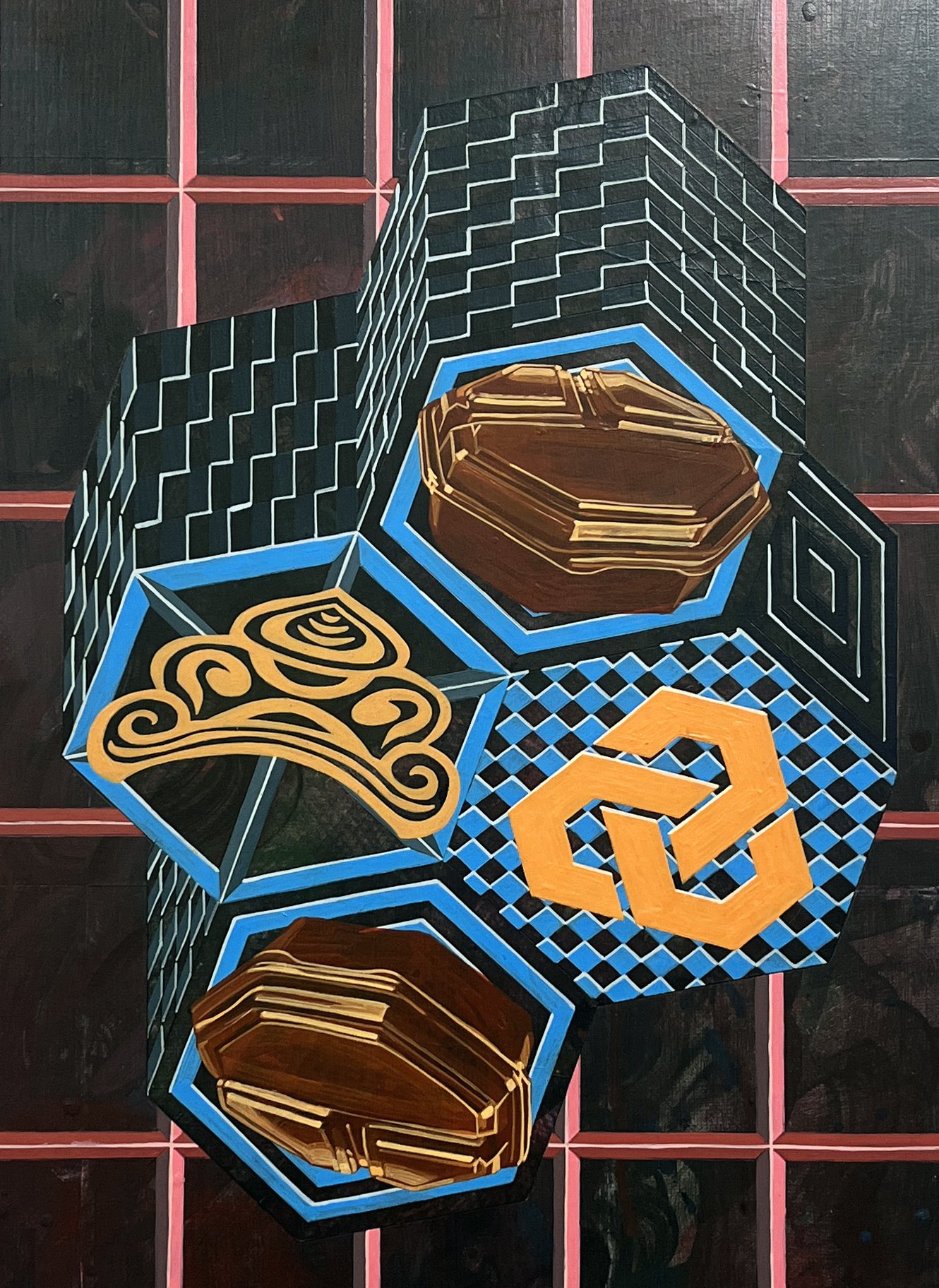Liquid Purgatory Unit 229 Series, Acrylic and Pen Drawing on Wooden Board, 59.4(w)cm x 84.1(h)cm x 3(d)cm, 2025