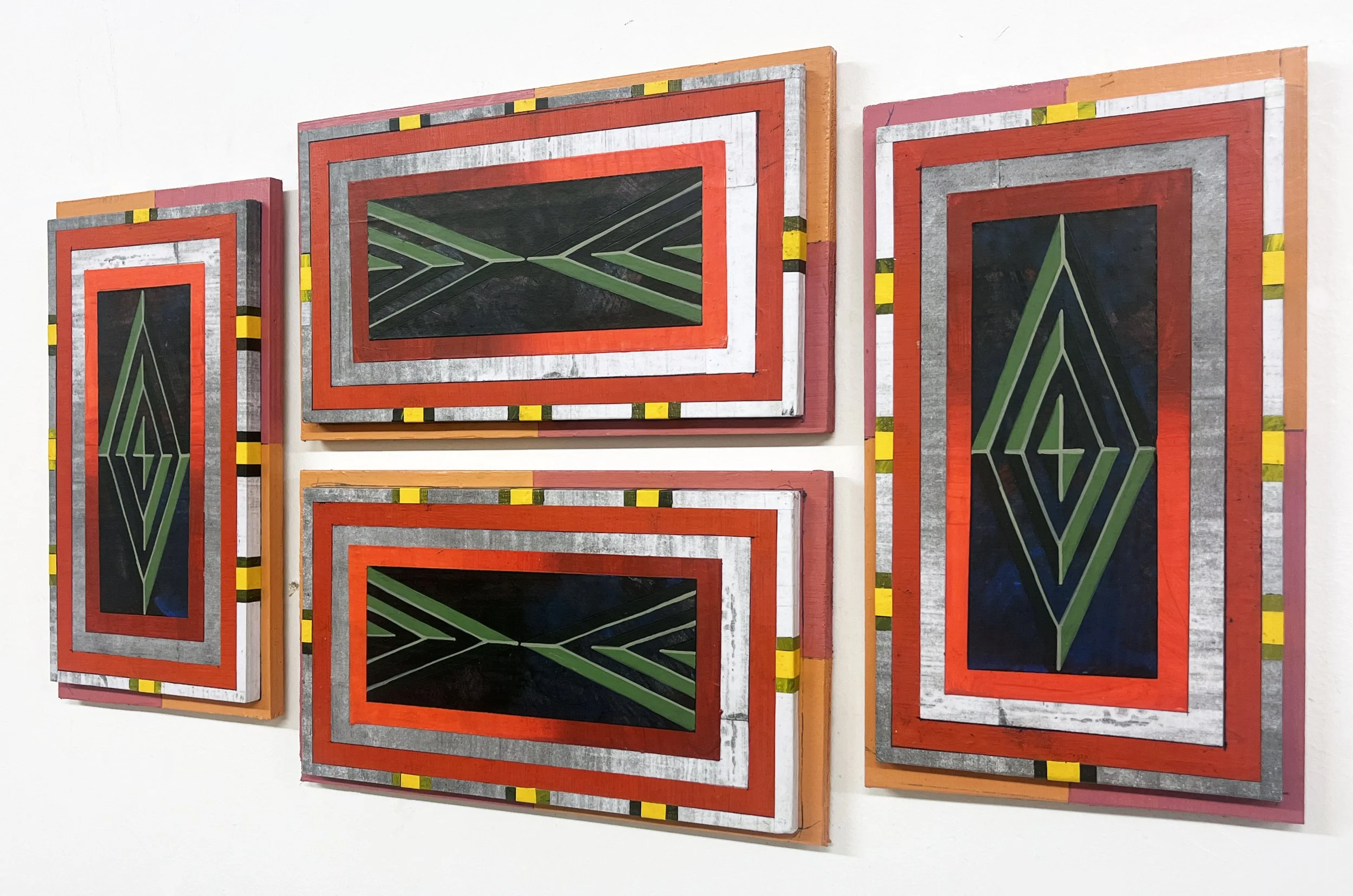 Liquid Purgatory Unit 229 Series, Acrylic and Pen Drawing on Wooden Board, 15(w)cm x 20(h)cm x 2.5(d)cm x 4pieces, 2025