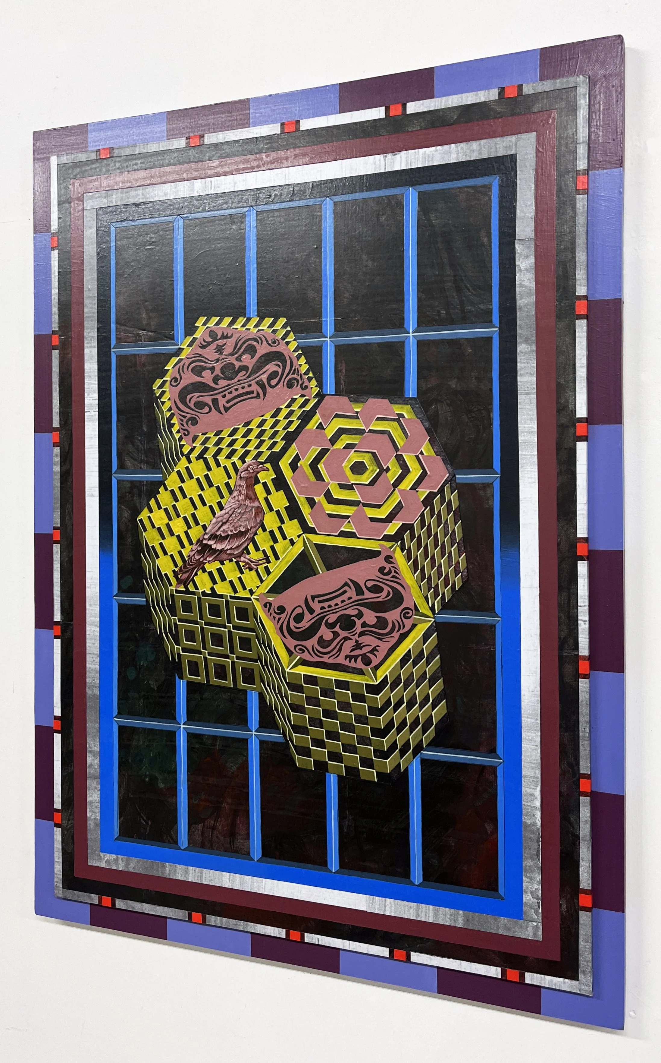 Liquid Purgatory Unit 229 Series, Acrylic and Pen Drawing on Wooden Board, 59.4(w)cm x 84.1(h)cm x 3(d)cm, 2025