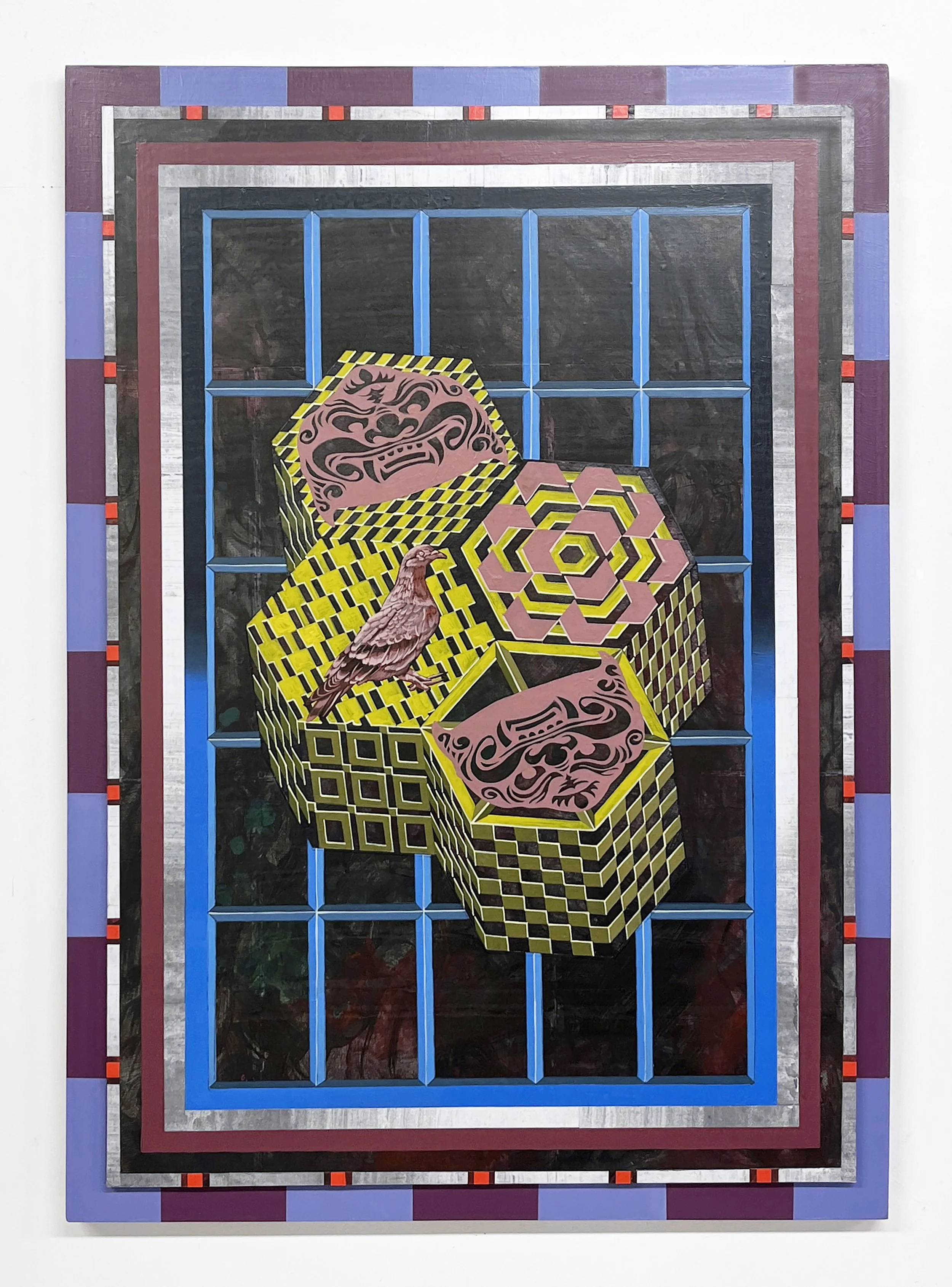 Liquid Purgatory Unit 229 Series, Acrylic and Pen Drawing on Wooden Board, 59.4(w)cm x 84.1(h)cm x 3(d)cm, 2025