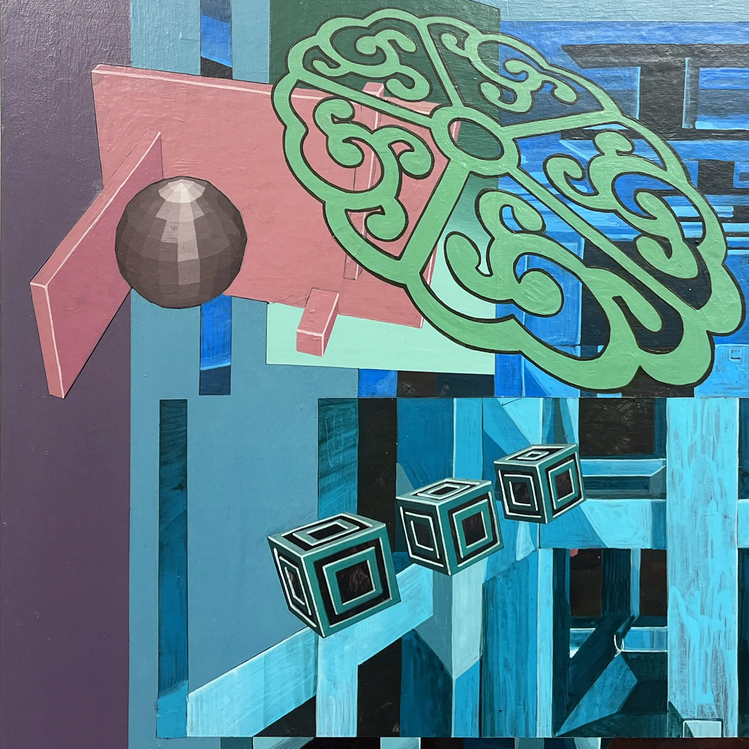 Defaced Vitrine 01, Acrylic and Pen Drawing on Wooden Board, 100(w)cm x 80(h)cm x 3(d)cm, 2025