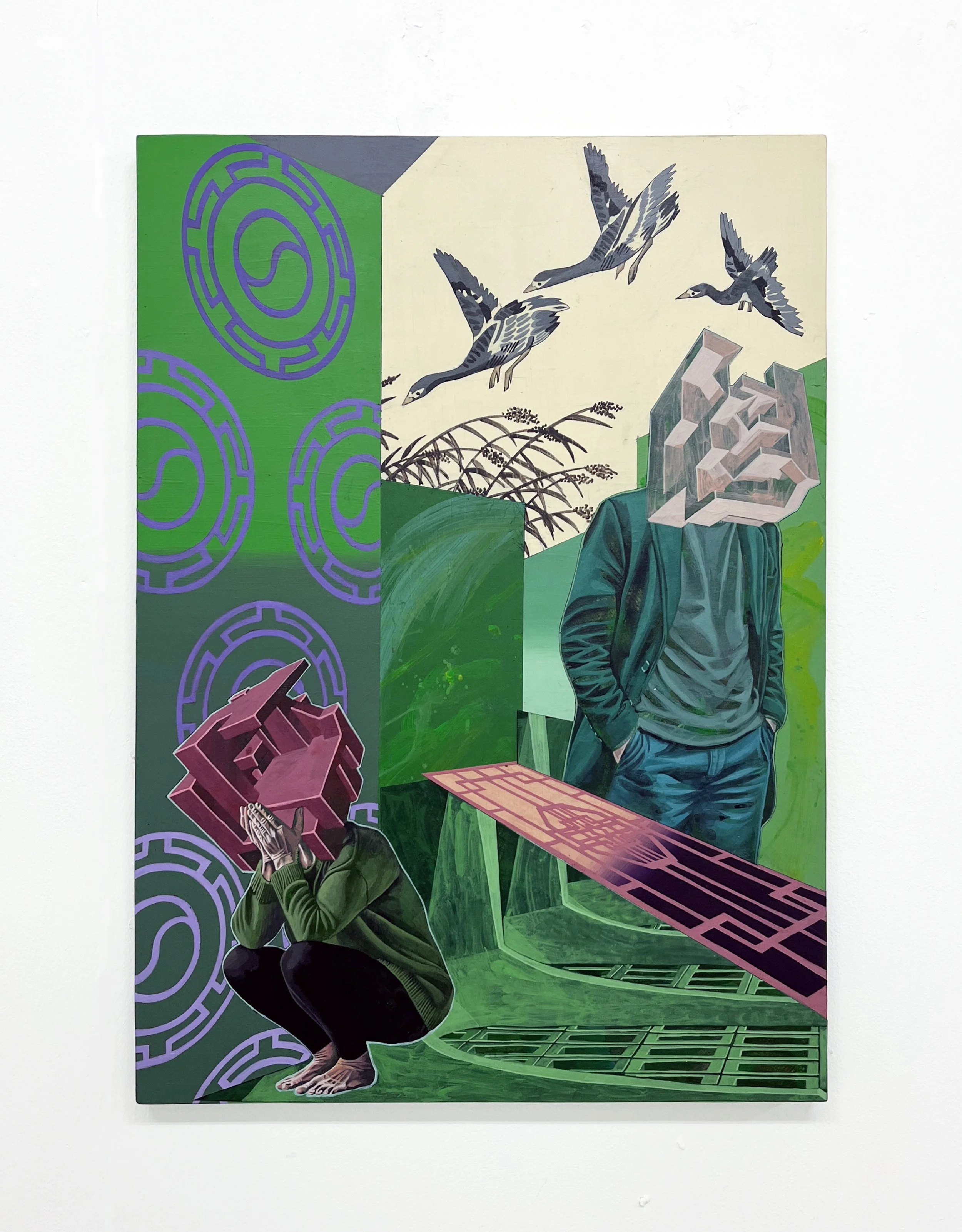 Allegory of Emotion | Allégorie de l’Emoi 
The Echo of Us: Sadness | L’écho des sentiments: Tristesse,
Acrylic and Pen Drawing on Wooden Panel,
42(w)cm x 59.7(h)cm x 2(d)cm, 2026