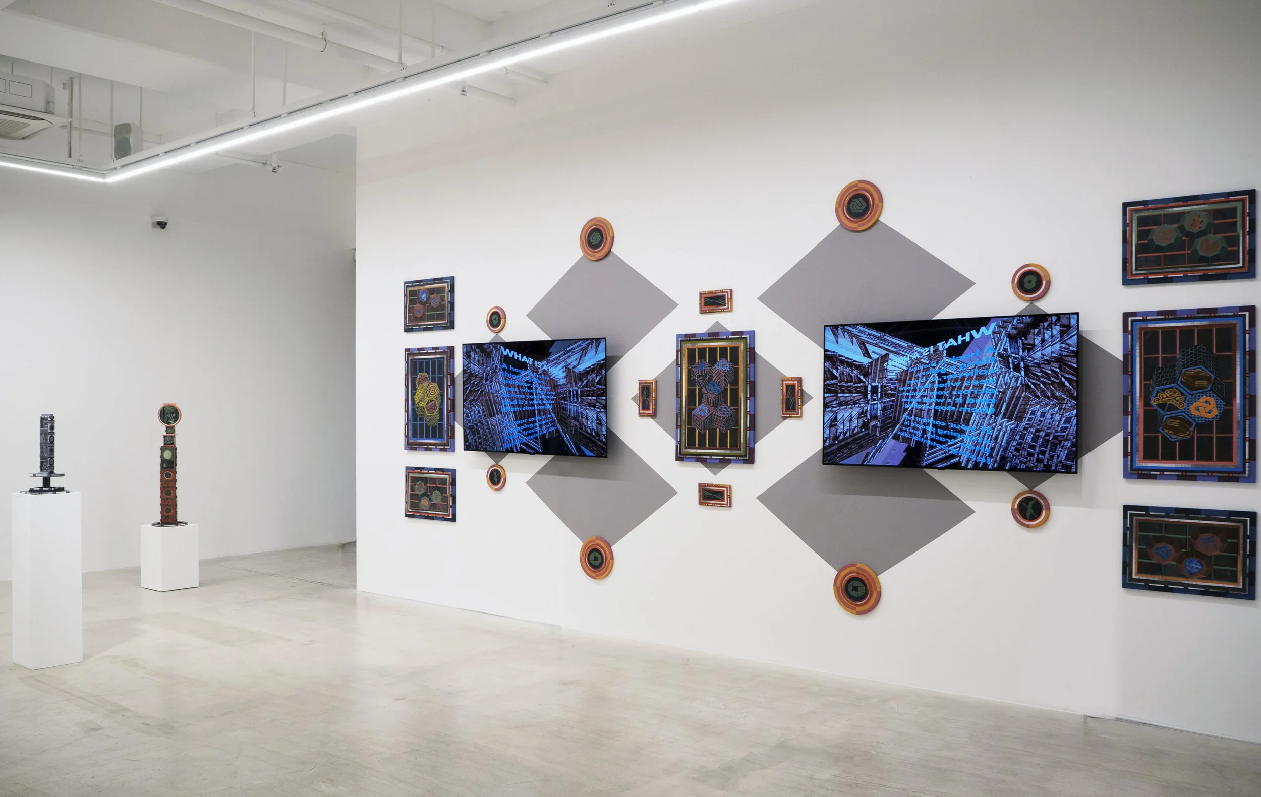 Liquid Purgatory Unit 229, Acrylic and Pen Drawing on Waste Materials, Double Channel Monitors, 660(w)cm x 270(h)cm x 4(d)cm, 2025