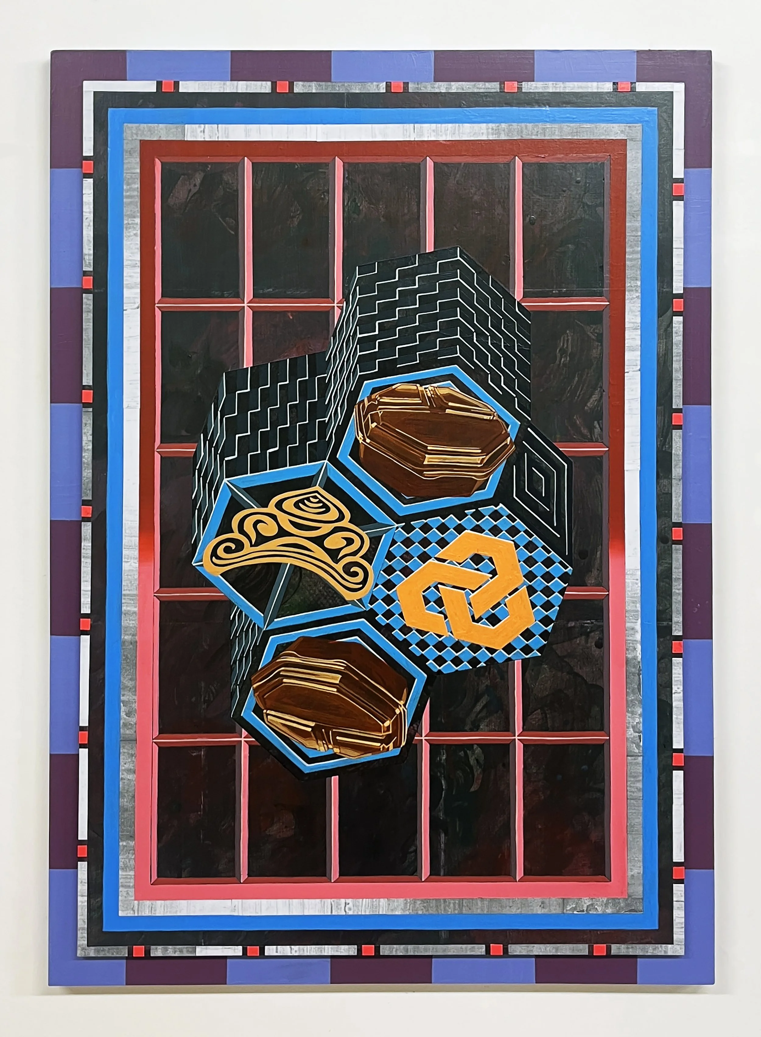 Liquid Purgatory Unit 229 Series, Acrylic and Pen Drawing on Wooden Board, 59.4(w)cm x 84.1(h)cm x 3(d)cm, 2025