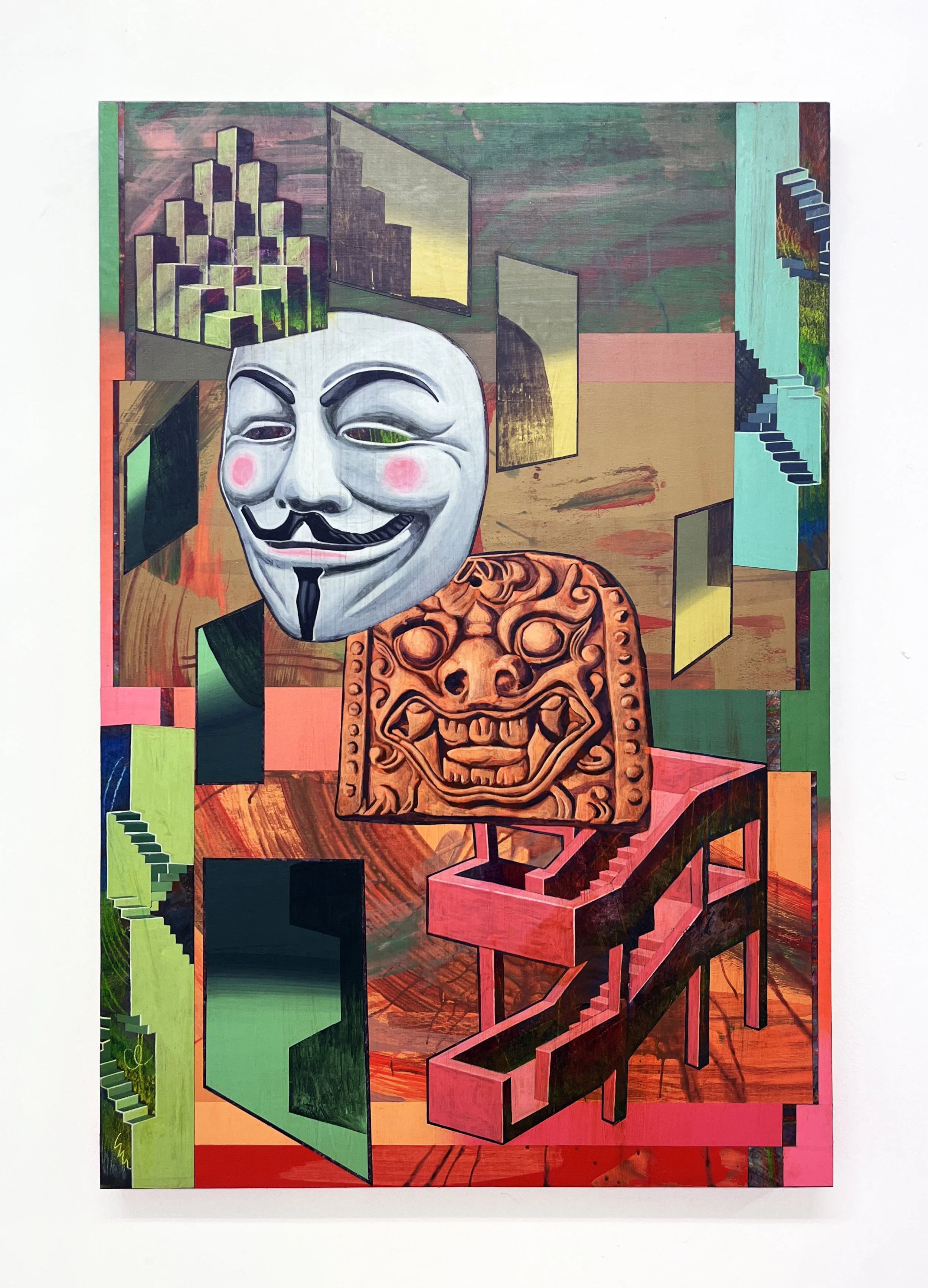 Defaced Vitrine 17, Acrylic and Pen Drawing on Wooden Panel, 61(w)cm x 91.5(h)cm x 3(d)cm, 2025