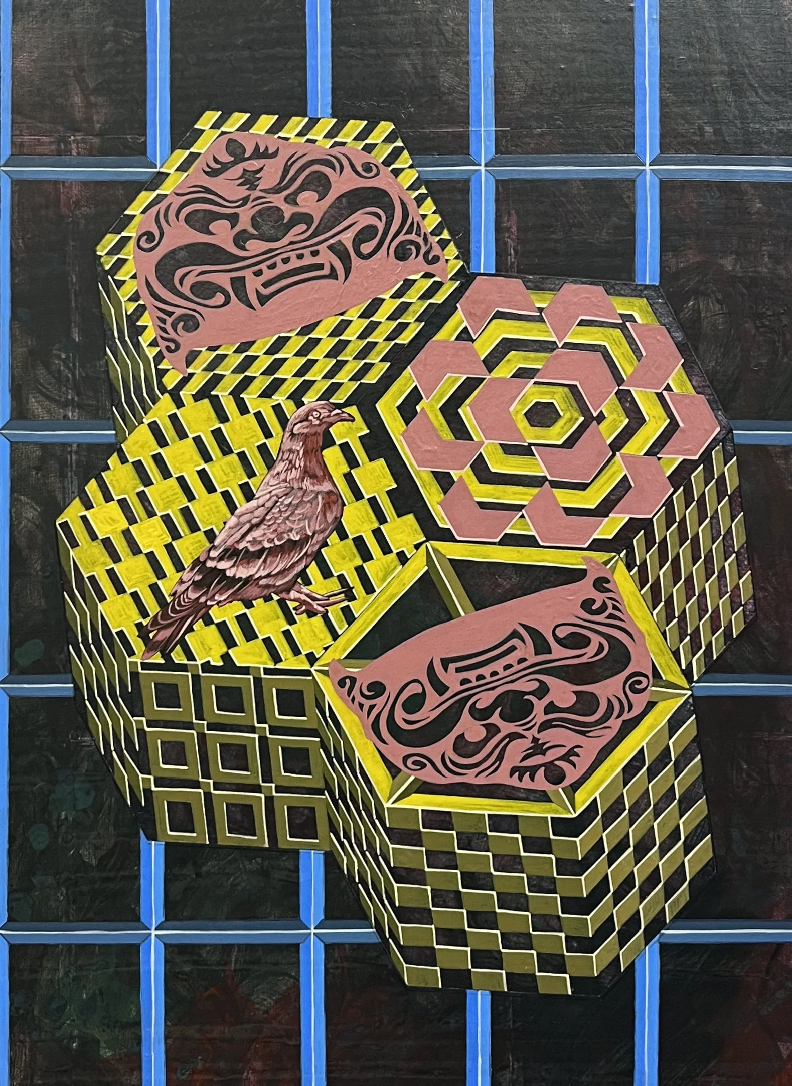 Liquid Purgatory Unit 229 Series, Acrylic and Pen Drawing on Wooden Board, 59.4(w)cm x 84.1(h)cm x 3(d)cm, 2025