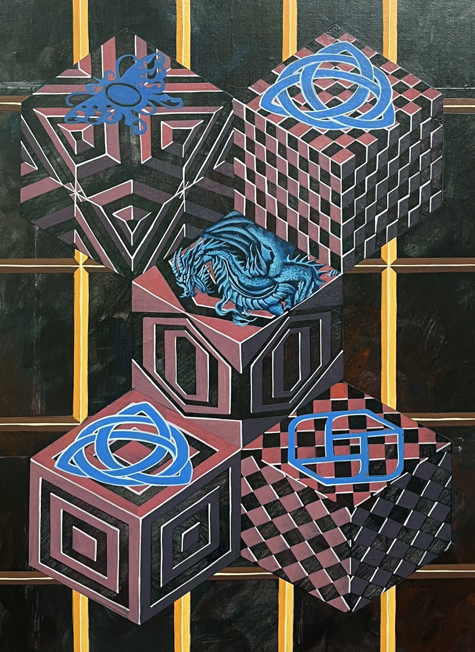 Liquid Purgatory Unit 229 Series, Acrylic and Pen Drawing on Wooden Board, 59.4(w)cm x 84.1(h)cm x 3(d)cm, 2025