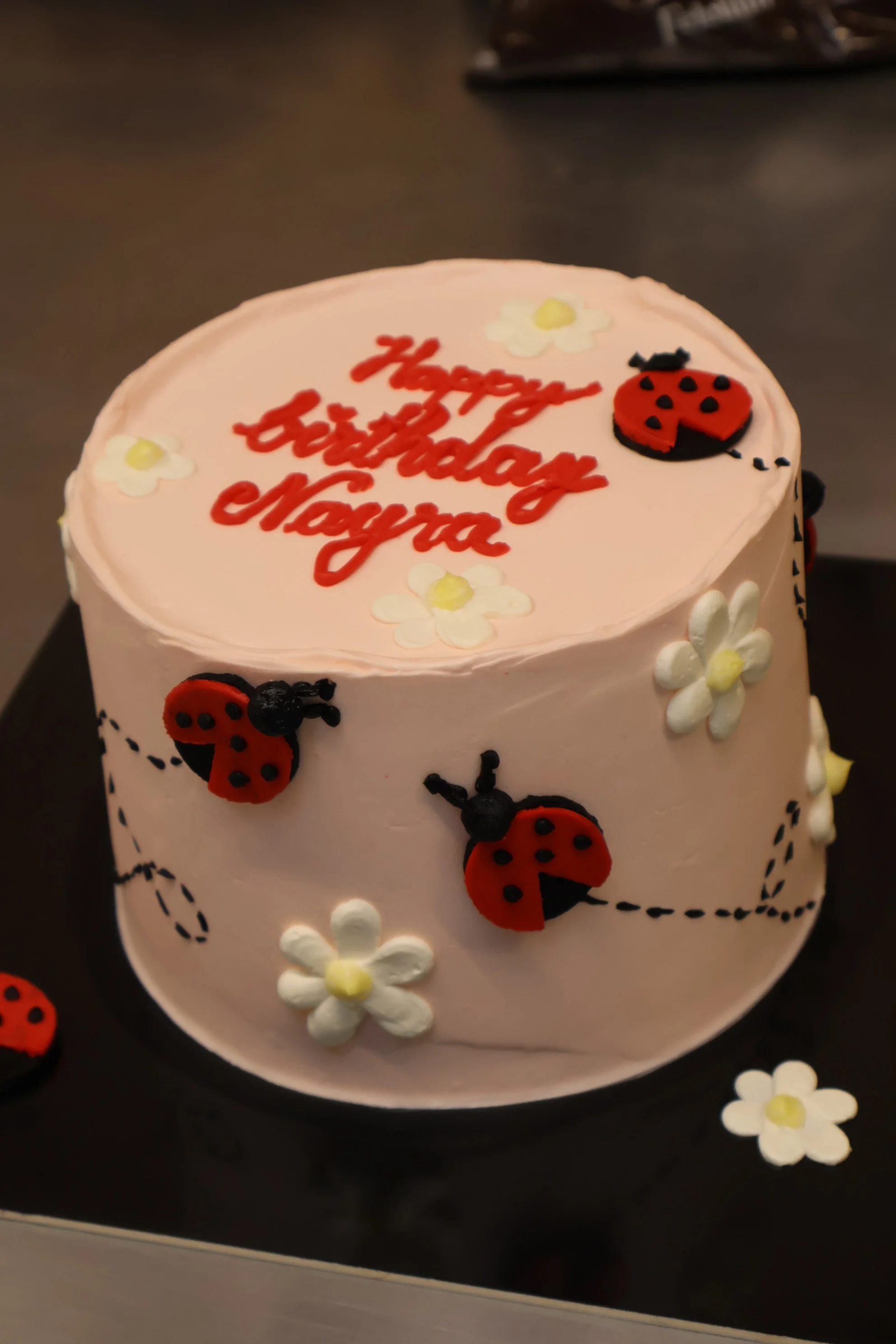 Themed birthday cake with ladybug decorations