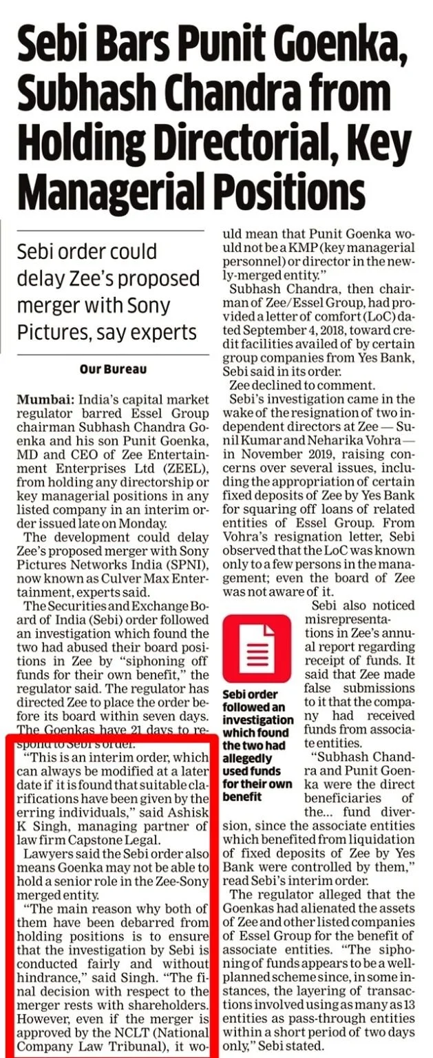 13 June 2023 | The Economic Times | Sebi bars Punit Goenka, Subhash Chandra from holding directorial positions