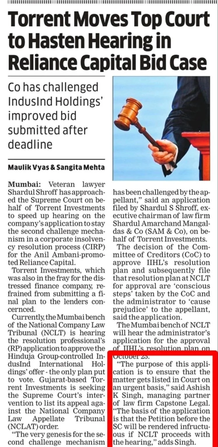 5 October 2023 | The Economic Times | Torrent moves top court to hasten hearing in Reliance Capital bid case