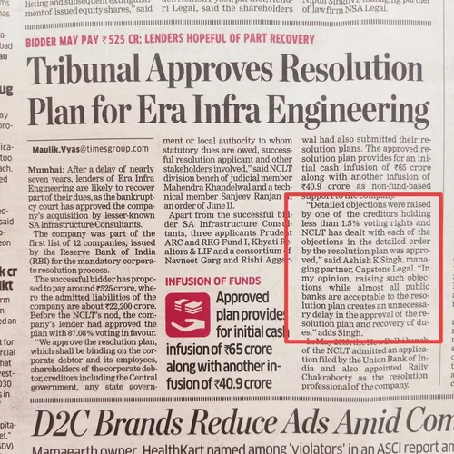 13 June 2024, The Economic Times, Tribunal approves resolution plan for Era Infra Engineering