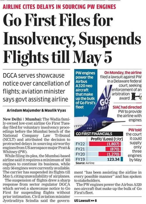 3 May 2023, The Economic Times, Go First files for insolvency, suspends flights till May 5 (part 1)