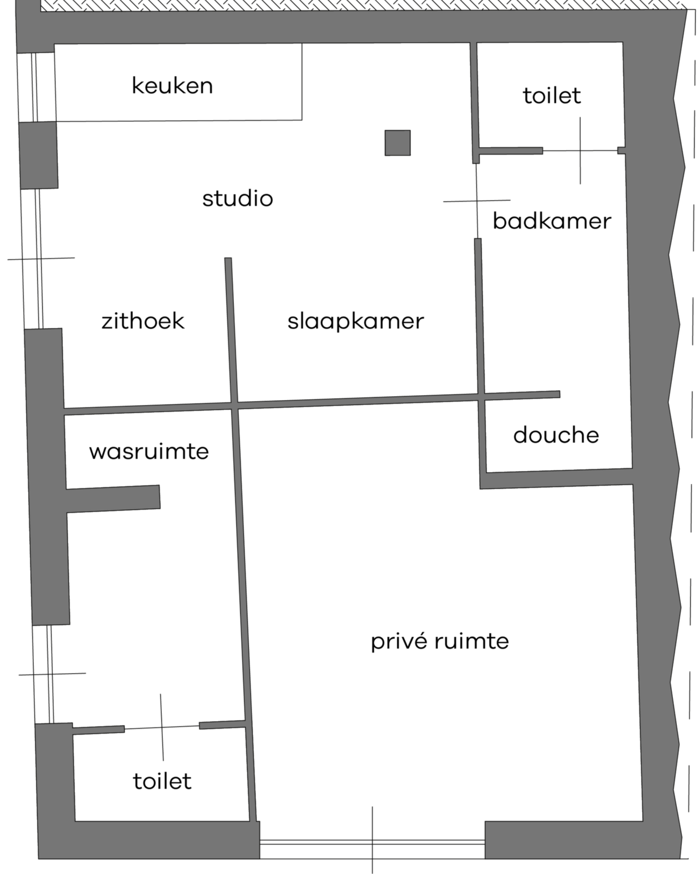 Een plattegrond van een gebouw met verschillende ruimtes en gangen.