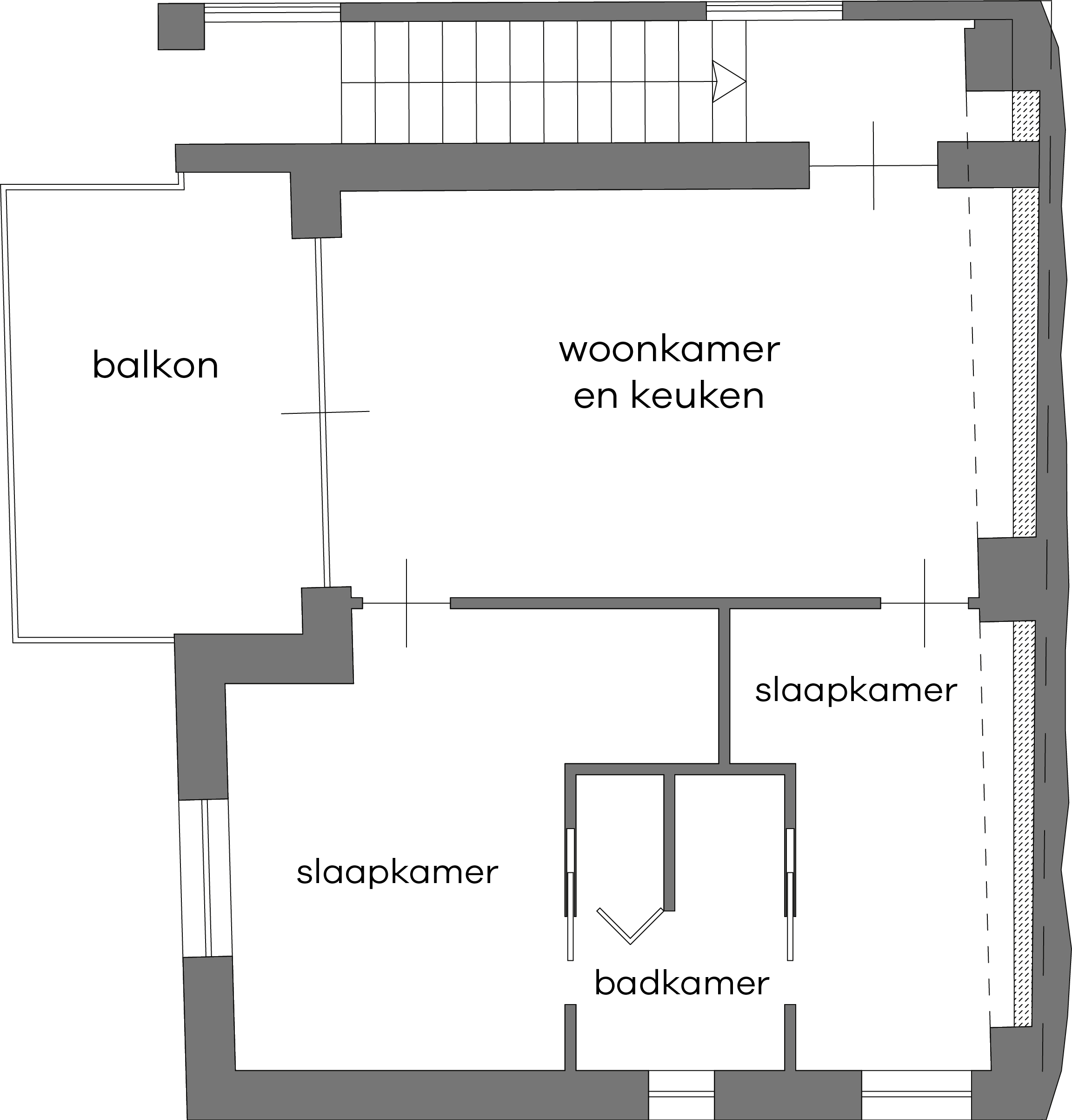 Een bouwtekening van een gebouw met betonnen muren en interne indeling.