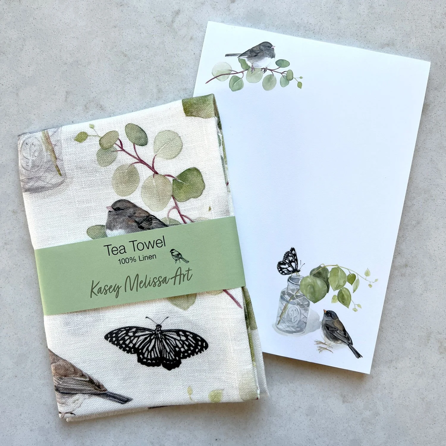 Dark eyed juncos and black butterflies | tea towel ad notepad gift set