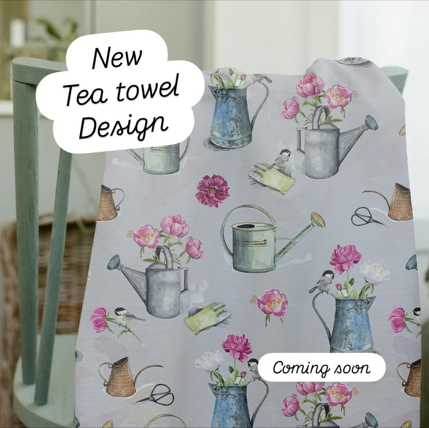 New tea towels coming soon. 
Gardening, peonies and chickadees&hellip; so excited to see these in person!
#gardenpattern #wateringcan #peonies #chickadees #illustratorforhire #ifh #teatowel #giftgiving #licensingartist