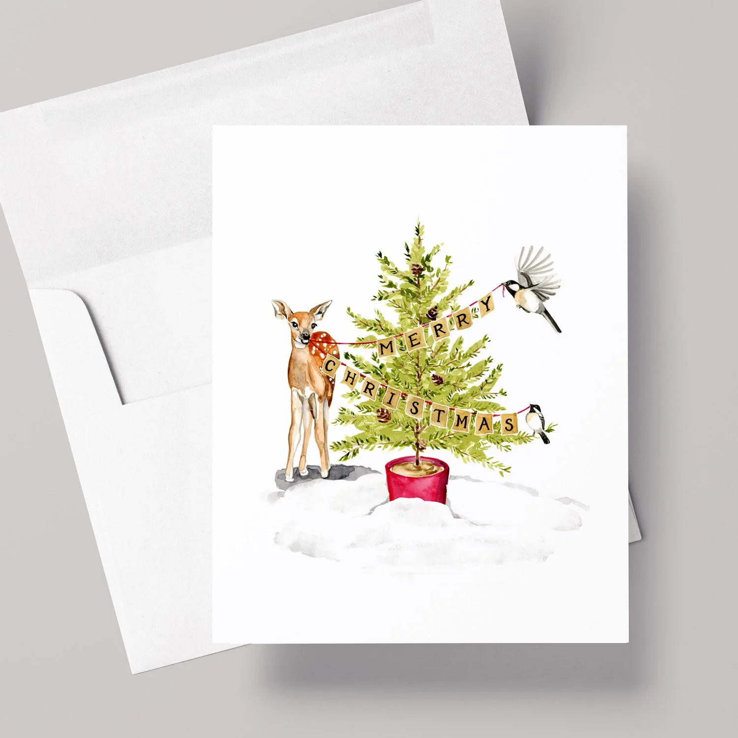 Merry Christmas Fawn and Chickadees / Blank Greeting Card