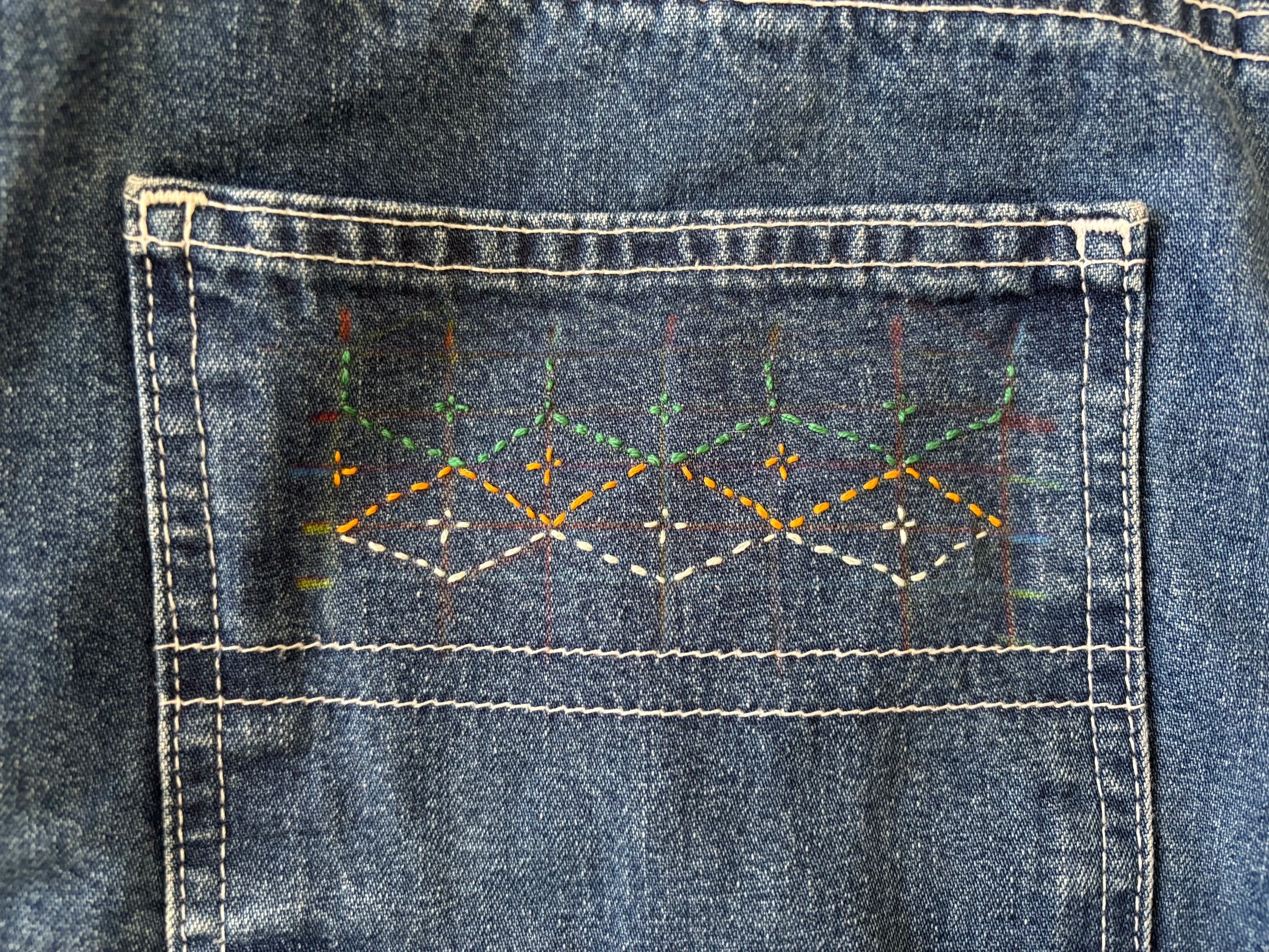 close up image of an embroidered jeans pocket