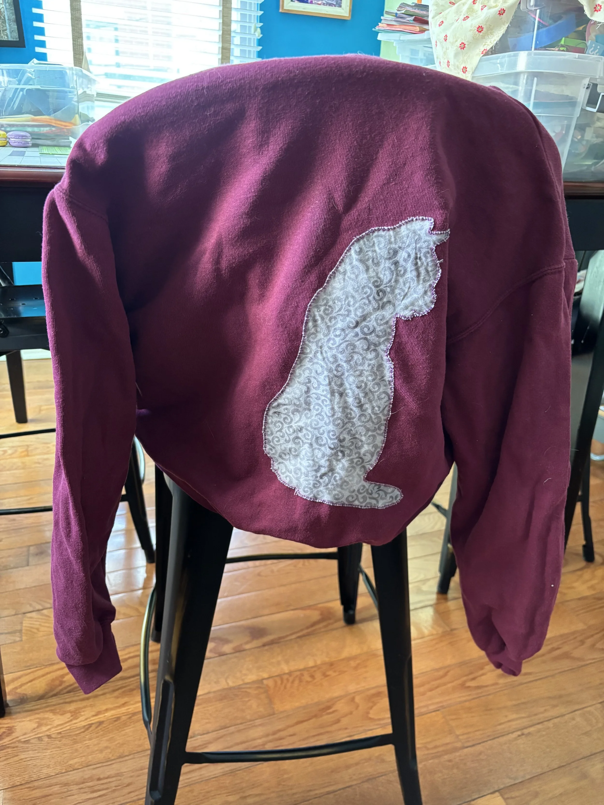 full view, hoodie back with cat appliqué
