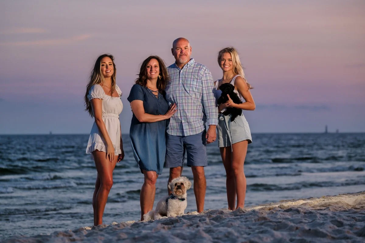  Family beach photography in Gulf Shores featuring family pets.  