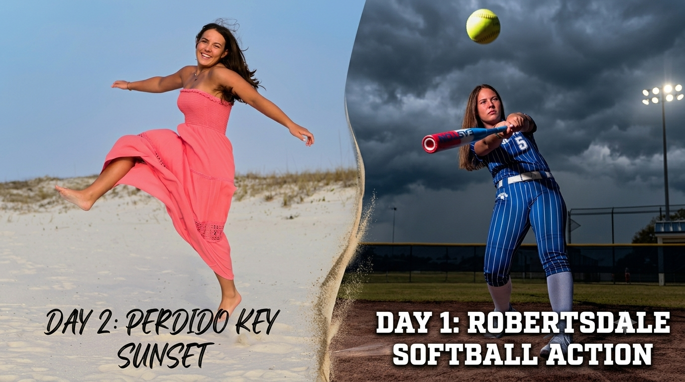 The Ultimate Two-Day Senior Session: Robertsdale Softball Action &amp; Perdido Key Sunset Portraits