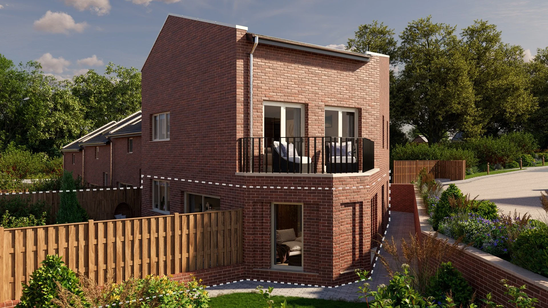 External view of the ground floor apartment with line demarcating the floor space. 